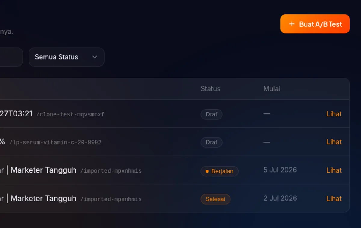 dialog "Buat A/B Test" langkah 1 di /ab-tests — daftar landing page yang sudah dipublish, tiap item menampilkan nama dan slug