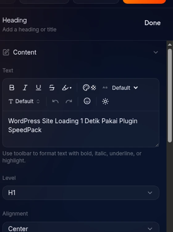 panel properti Heading: field Text, Level H1, Alignment