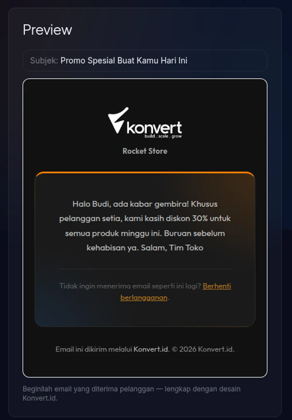 panel preview email di kanan — menampilkan desain email Konvert.id dengan subjek dan isi contoh