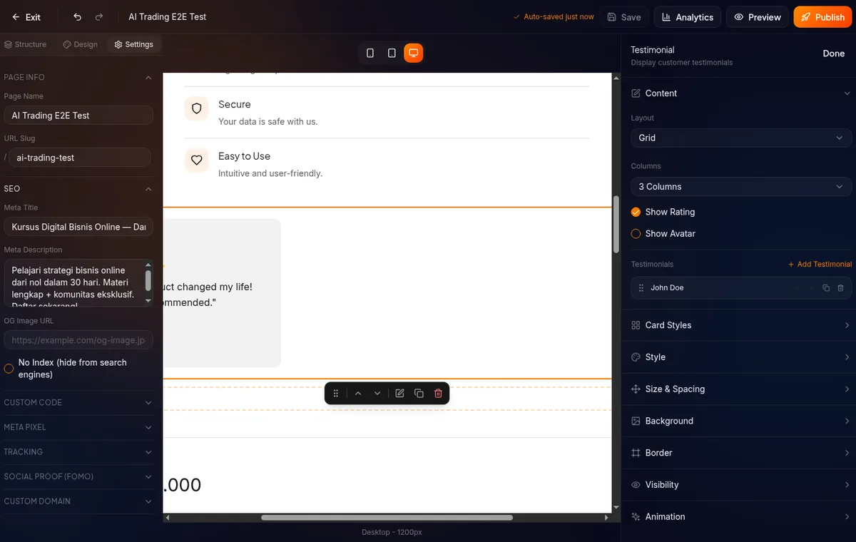 panel kiri tab Settings — field Meta Title, Meta Description, Tracking section