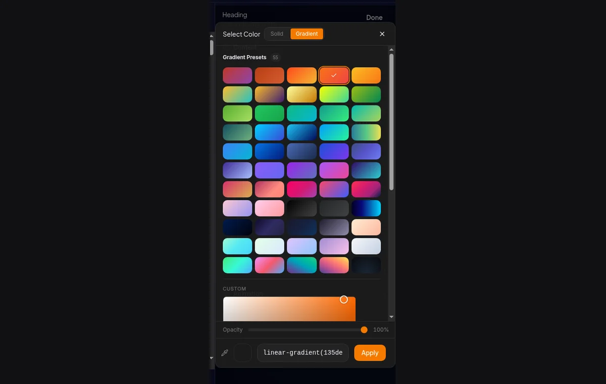Gradient editor dengan direction 135°, warna dari oranye ke merah muda