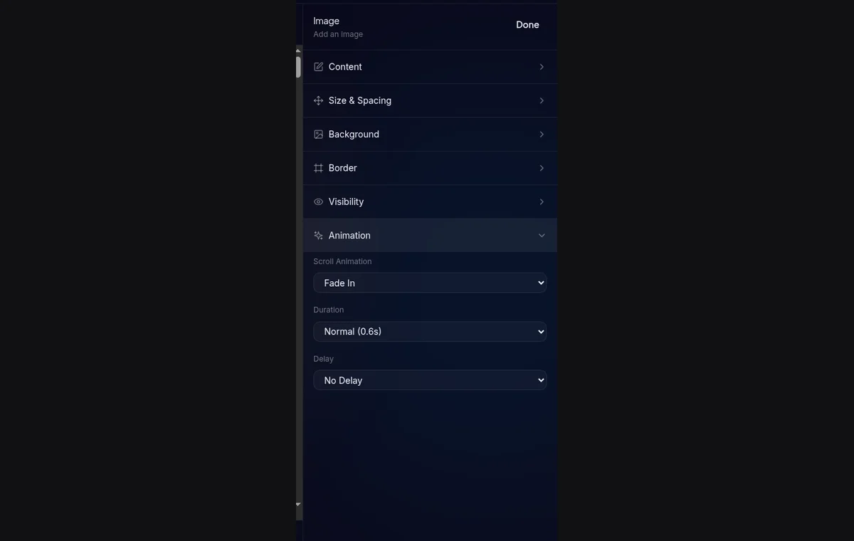 section Animation di tab Style — Type, Duration, Delay