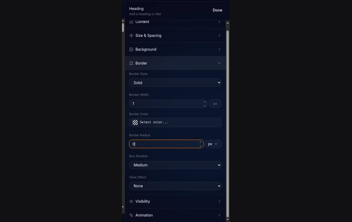 section Shadow di tab Style — dropdown preset: None, sm, md, lg, xl