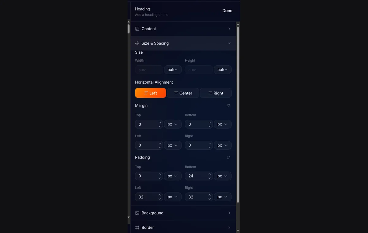 section Spacing tab Style — 4 input margin luar dan 4 input padding dalam