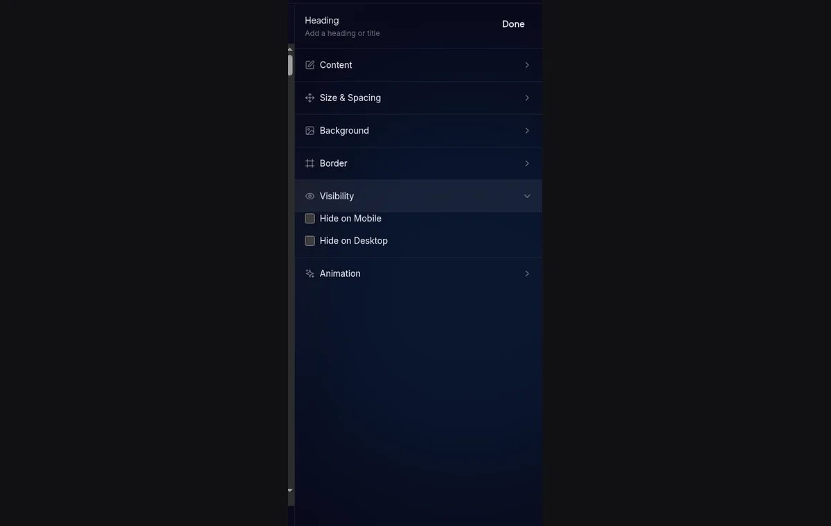 section Visibility tab Style — toggle Sembunyikan Mobile dan Sembunyikan Desktop