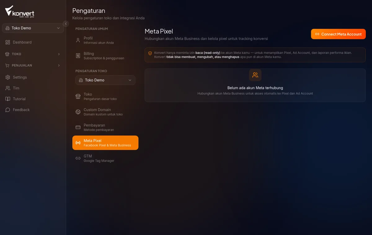 dialog Edit Pixel Account dengan field Conversions API Token, menampilkan helper text "Token saat ini: ✓ Tersedia"