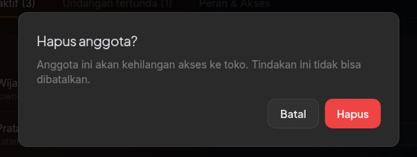 Modal konfirmasi Hapus anggota dengan peringatan akses akan dicabut