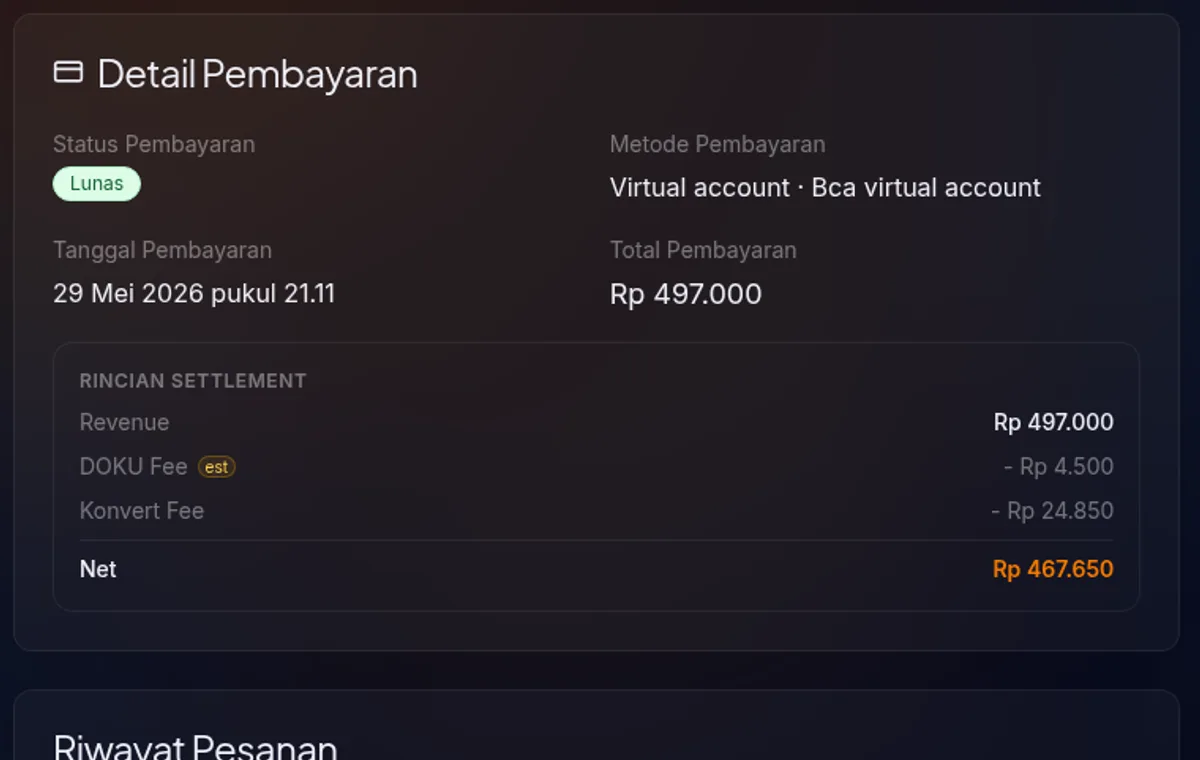 card "Detail Pembayaran" — metode VA BCA, tanggal lunas, dan fee breakdown dengan angka Revenue/MDR/Platform Fee/Net