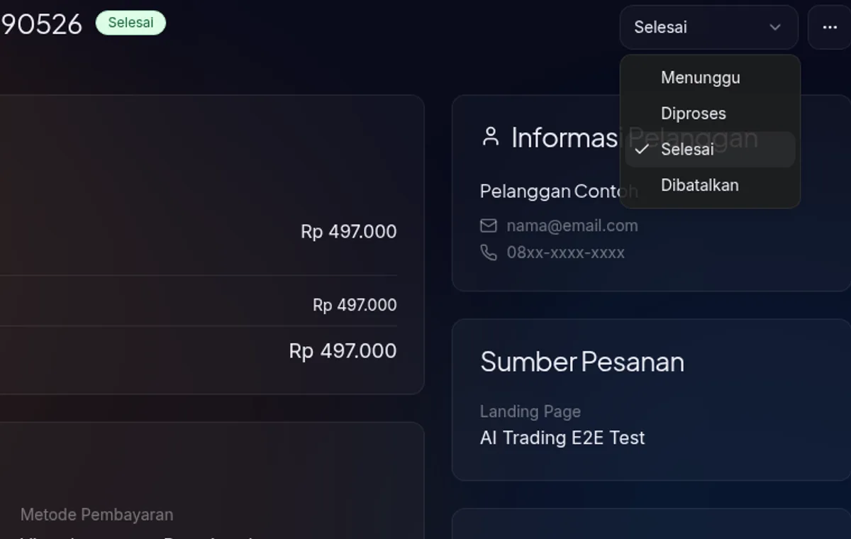 dropdown status order di header detail order — pilihan Processing dan Completed tersedia, status saat ini "Processing"