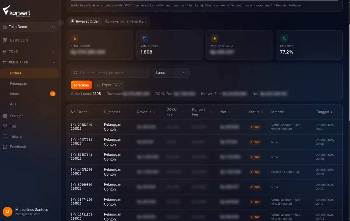 toolbar filter di atas tabel orders — search box, dropdown status, dan date picker terlihat, beberapa order tampil di tabel