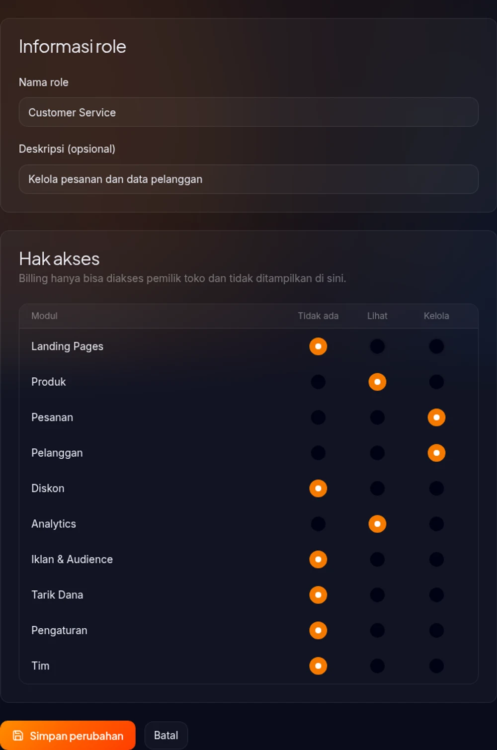 Halaman edit role matrix permissions yang bisa diubah per modul